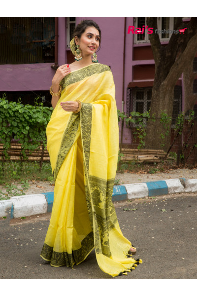 Premium Quality Fine Linen By Linen With Handweaving Border And Pallu Design (JN21R20)