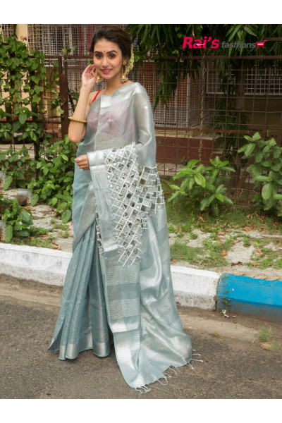  Pure Handloom Tissue Linen Saree With Cutwork And Artifical Mirror Design (JN21R29)