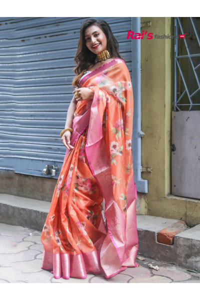 Digital Printed Organza Silk Saree With Traditional Handweaving Work Border And Pallu (JN21R2)