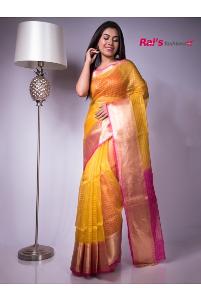Handloom Pure Organza Silk With All Over Checks And Contrast Color Zari Weaving Border (MA21A17)
