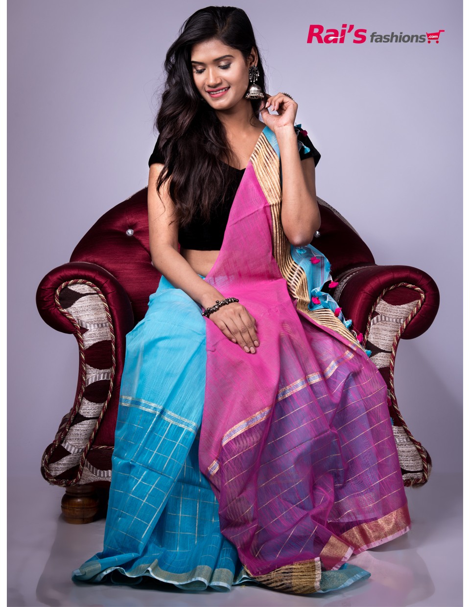 Handloom Khadi Cotton Silk With Checks Pattern border And Contrast Color Pallu (AP21A15)