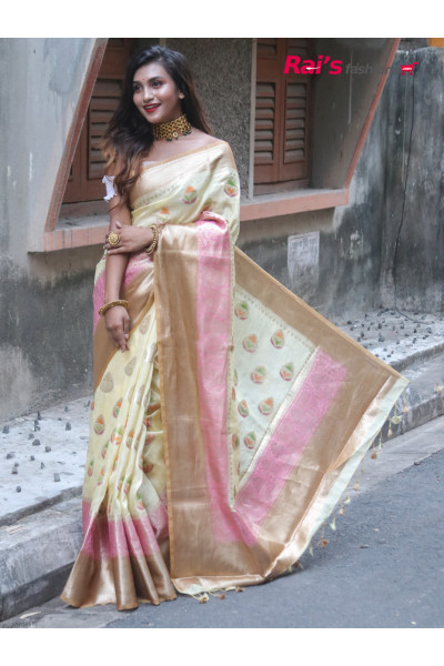 Pure Handloom Silk Linen Butta Work Saree With Contrast Color Dye Border And Pallu Along With Fine Benarasi Weaving Work (JN21R32)
