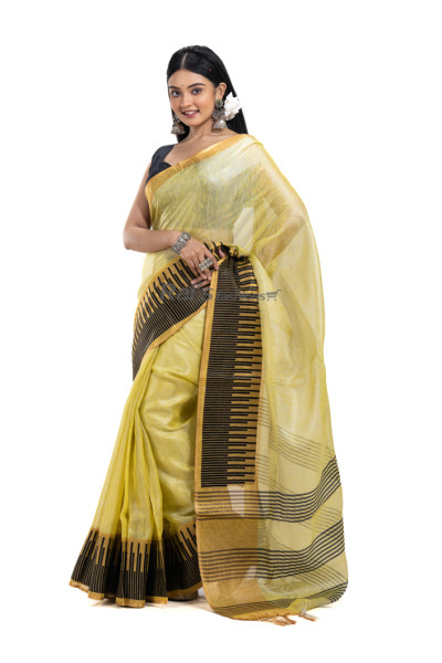 Tissue Linen Saree With Contrast Color Self Weaving Border And Stripes Design Pallu (RNW2)
