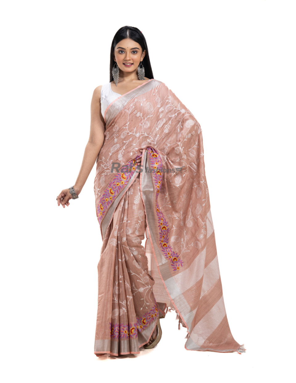 Dupion Silk Cotton Saree With All Over Embroidery Work And Silver Zari Border (RNW7)
