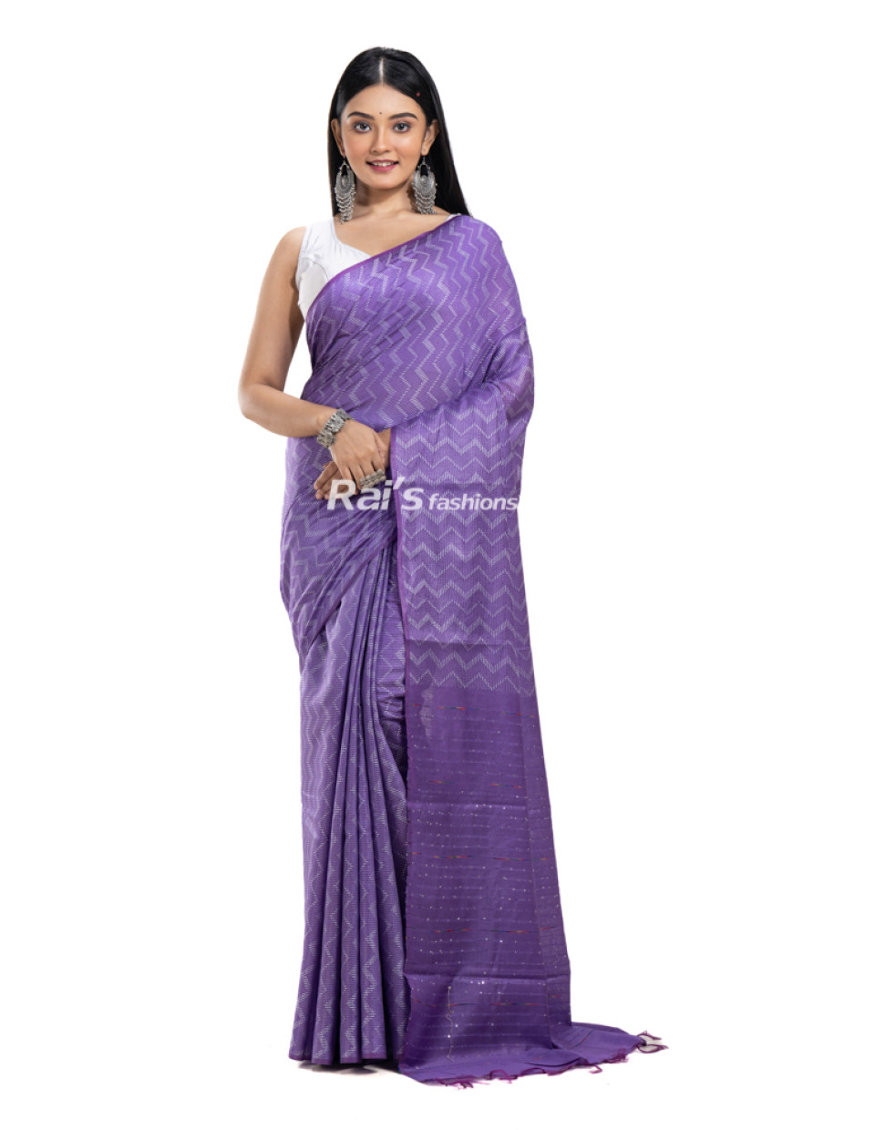 Soft Silk Saree With All Over Self Weaving Laheria Work And The Pallu Part Has Sequence Weaving Work (RNW8)