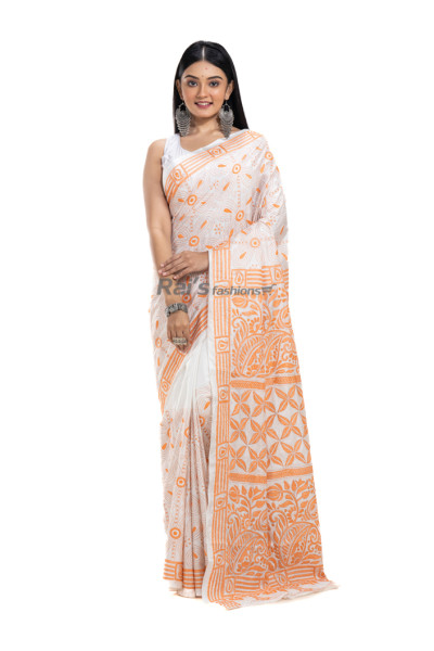 Semi Bangalore Silk Saree With All Over Contrast Color Hand Kantha Stitch Work (RNW10)