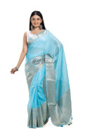 Silk Linen Saree With Fine Silver Banarasi Weaving Border And Pallu (RNW13)