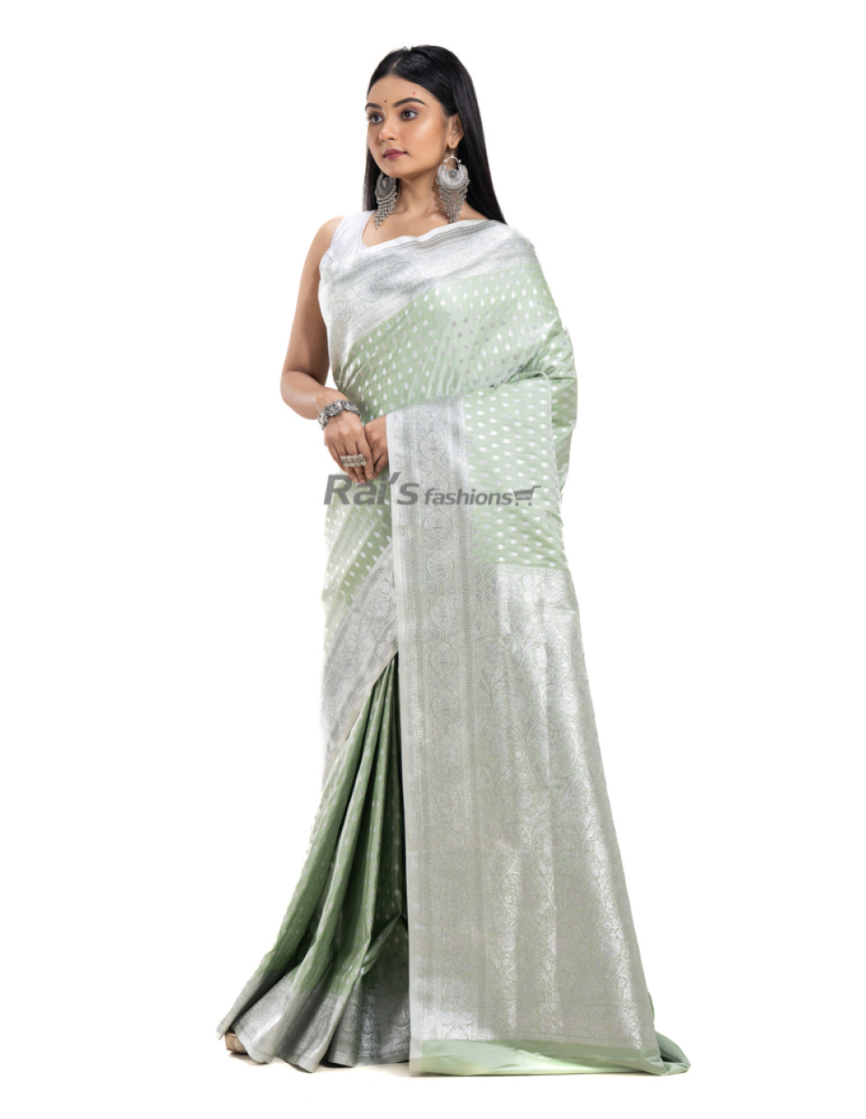 Premium Quality Pesta Green Satin Katan Banarasi Saree With All Over Traditional Banarasi Butta Weaving Work (RNW15)