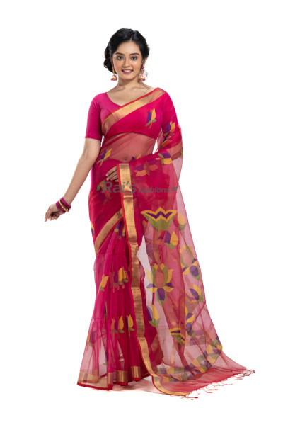 Exclusive Pure Muslin Silk Saree With Fine Hand Weaving Jamdani Work Also The Border Highlighted By Golden Zari (RNW18)