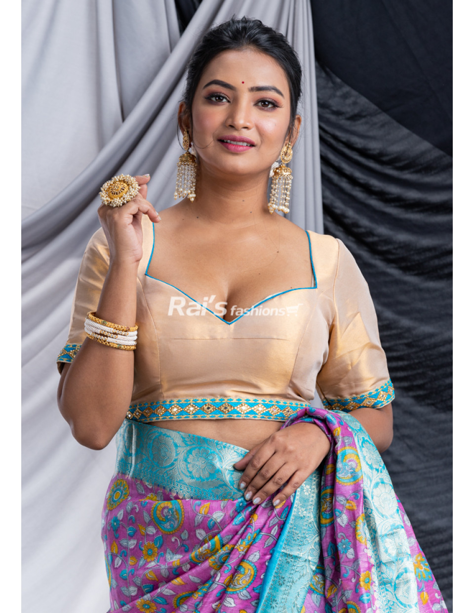 Embroidery Lace Bordered Beige Color Silk Designer Blouse (KRBL832) Embroidery Lace Bordered Beige Color Silk Designer Blouse (KRBL832)