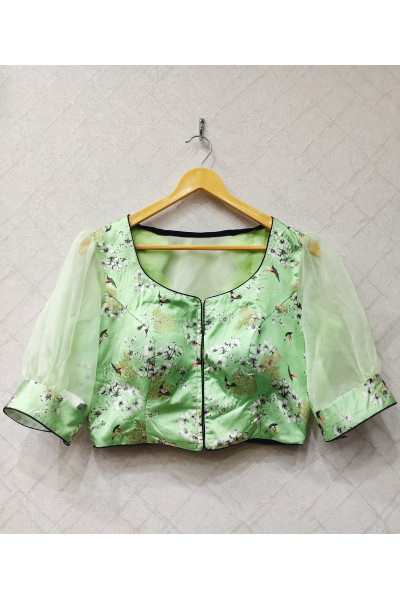 Silk Digital Printed Designer Blouse With Organza Puff Sleeves And Contrast Color Piping Border (KRBL1701)
