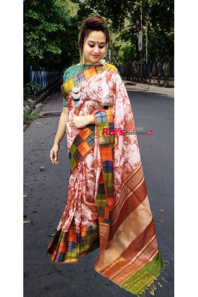Pure Handloom Silk Linen With Print Multi Color Weaving Border Saree(14DO23)