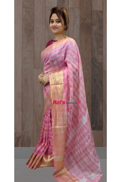 Pure Handloom Silk Linen Full Body Shibori Dye Multi Color Weaving Butta Design With Benarasi Weaving Work Wide Border Saree (06DF21)