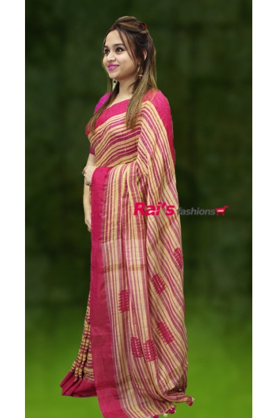  Pure Handloom Gicha With Full Body Stripes Contrast Color Pallu Hand Weaving Jamdani Butta Saree(20AP12)