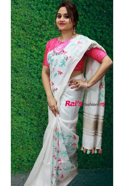 Premium Quality Pure Handloom Silk Linen With Embroidery Work Saree (15SR12)
