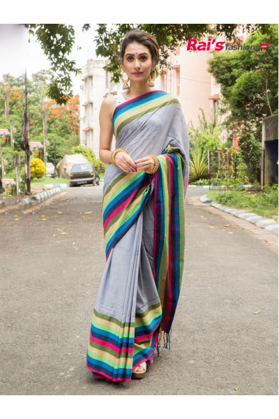Handloom Cotton Saree With Multi Color Self Handweaving Stripes Pattern Design Border (RAI195321)