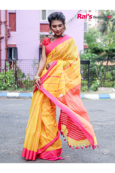 Handloom Cotton Silk Saree With All Over Handweaving Stripes Design And Heavy Work Pallu (RAI194321)
