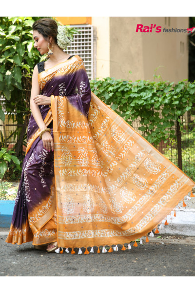 Handloom Cotton Slub Saree With Hand Batik Print And Mirror Work Designer Saree (RAI191321)