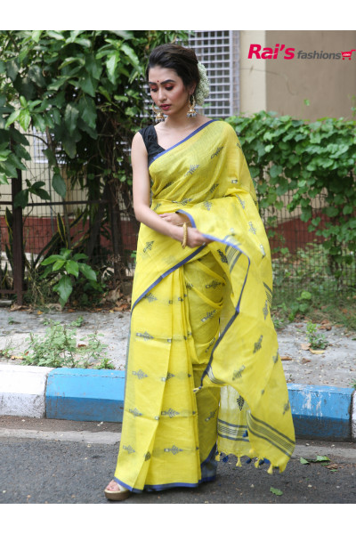 Handloom Fine Linen By Linen Saree With Handweaving Butta Work All Over (RAI192421)