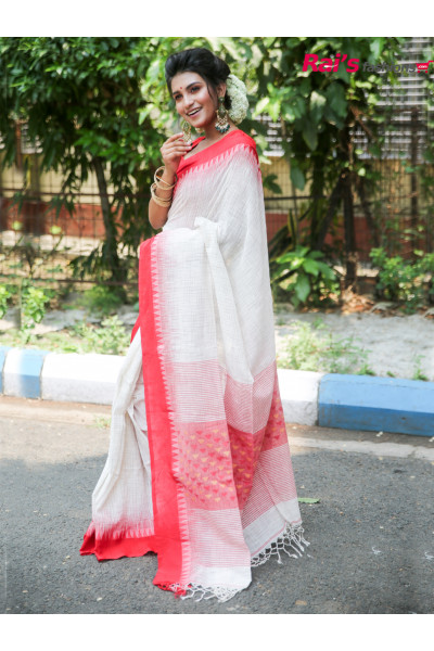 Handloom Khadi Cotton Saree With Contrast Color Temple Pattern Weaving Ikkat Border And Smart Handweaving Pallu Designed Saree (RAI191221)