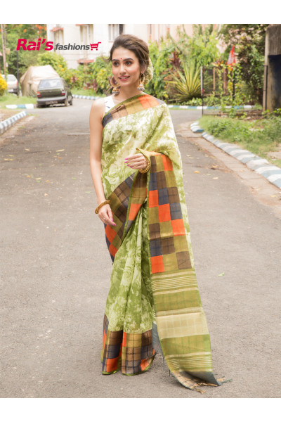 Pure Handloom Silk Linen Printed Saree With Multi color Dye And Fine Weaving Highlighted Border Design (RAI197021)
