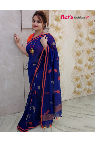 Pure Handloom Khadi Cotton Saree With Fine Handweaving Butta Work All Over And Contrast Color Border (RAI193821)