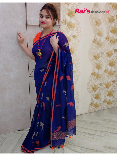Pure Handloom Khadi Cotton Saree With Fine Handweaving Butta Work All Over And Contrast Color Border (RAI193821)
