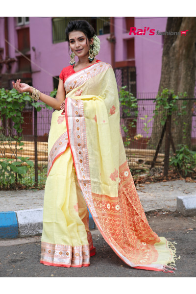 Pure Handloom Linen By Linen Saree With Benarasi Weaving Work (RAI191821)