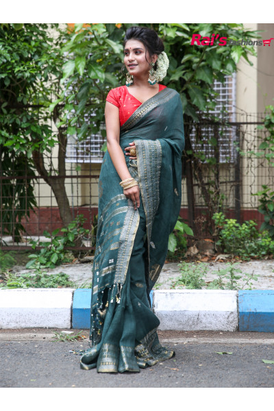 Pure Handloom Natural Fabric Linen by Linen With Handweaving Benarasi Worked Saree (RAI999987)
