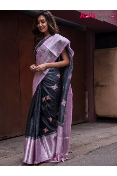 Handloom Pure Silk Linen With Traditional Benarasi Weaving Work Border And All Over Embroidery Butta Work  (MA21A3)