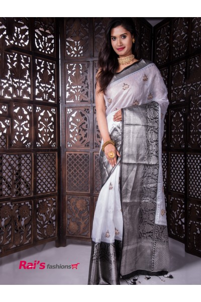 Handloom Pure Silk Linen With Traditional Benarasi Weaving Border And All Over Embroidery Butta Work  (MA21A1)