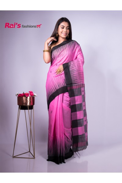 Handloom Cotton Silk With Ikkat Contrast Border And Weaving Butta All Over (AP21A37)