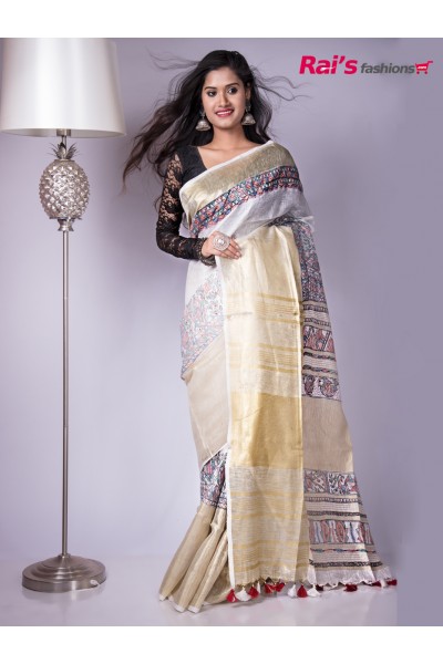 Handloom Fine Linen By Linen With Wide Golden Zari Border And Hand Madhubani Print  (AP21A30)