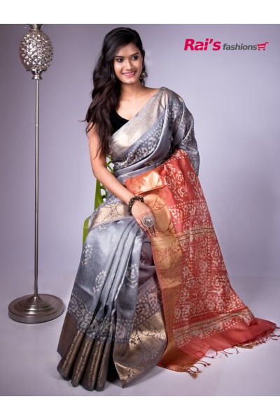 Handloom Pure Silk Linen With Benarasi Weaving Traditional Golden Zari Border And Hand Batic Print  (AP21A21)