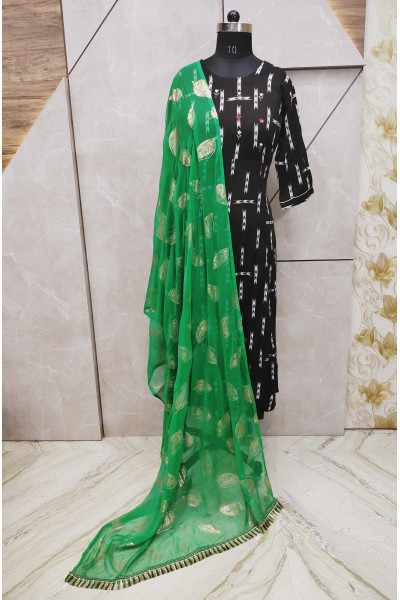 Fabric Worked Georgette Green Dupatta With Lace Border (KR668)