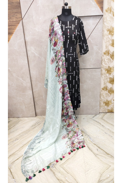 Sky Digital Printed Linen By Linen Dupatta With Silver Zari Border (KR671)