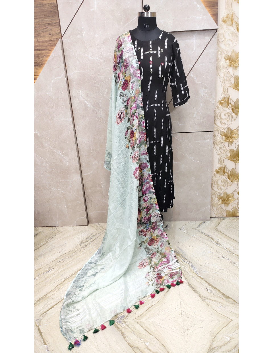 Sky Digital Printed Linen By Linen Dupatta With Silver Zari Border (KR671) Sky Digital Printed Linen By Linen Dupatta With Silver Zari Border (KR671)