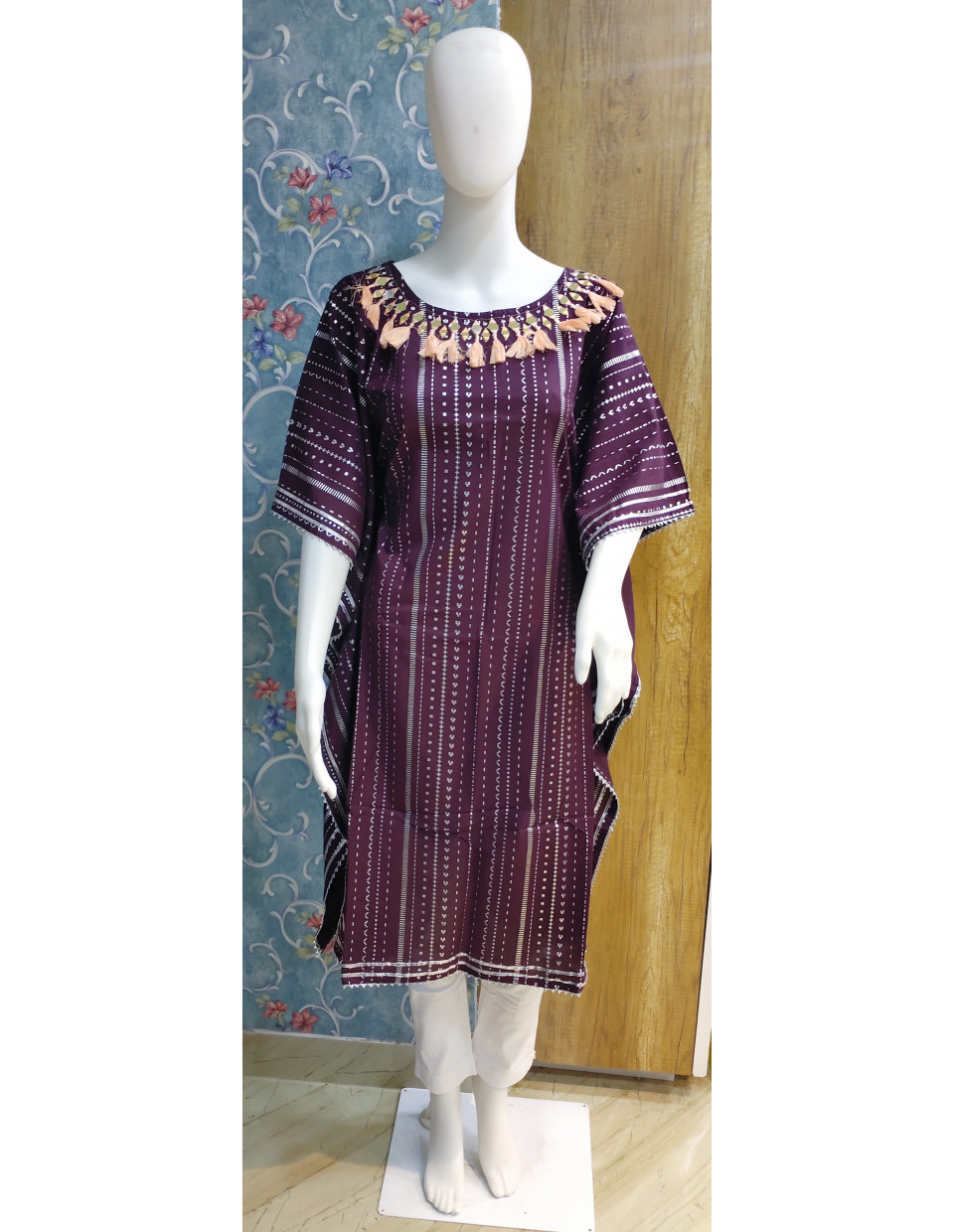 All Over Stripes Printed Long Kaftan With Mirror Work (KR1894)