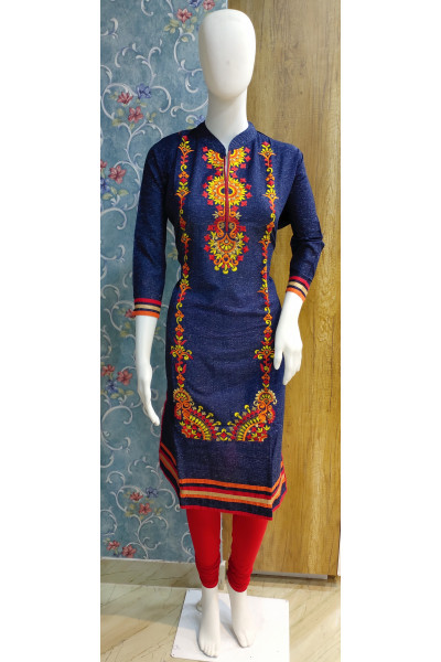 All Over Embroidery Work Kurti With Contrast Color Piping Border (KR1927)