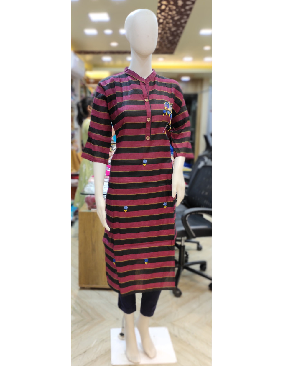 All Over Stripes With Embroidery Worked Cotton Kurti (KR1947)