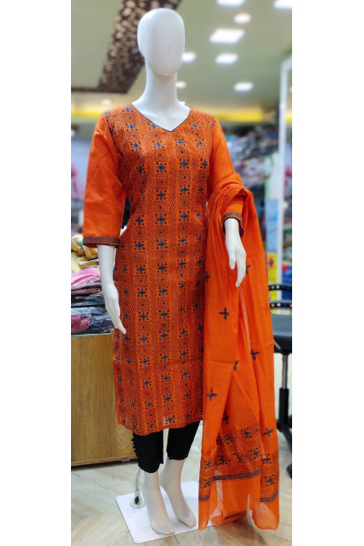 Contrast Color Hand Kantha Stitch Worked Kurti With Dupatta (KR1932)
