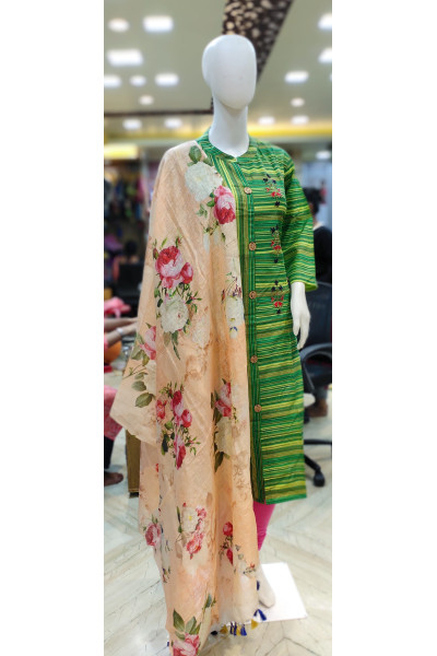 All Over Stripes Embroidery Worked Kurti With Dupatta (KR1966)