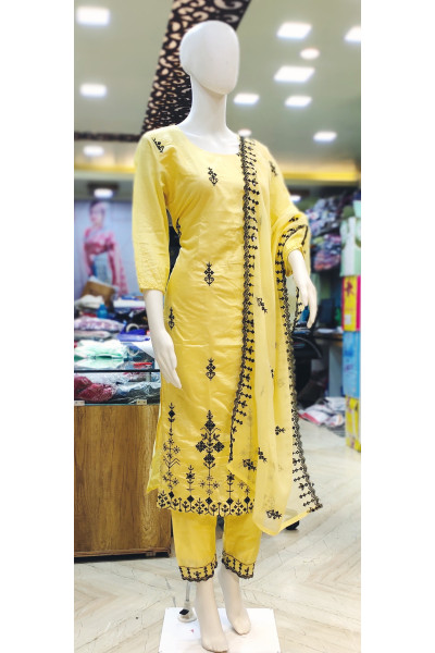 All Over Embroidery Yellow Silk Kurti Set (KR1984)