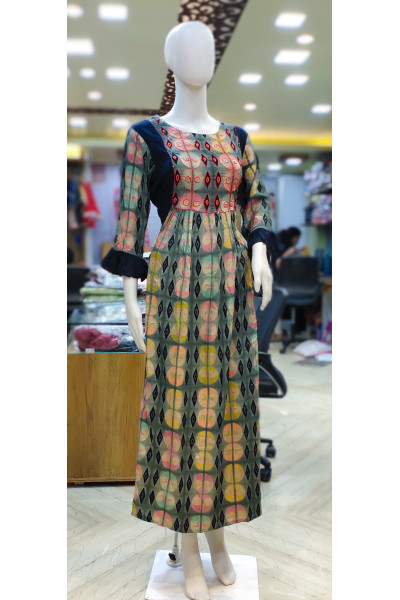 Round Neck Embroidery Worked Printed Long Gown (KR1992)