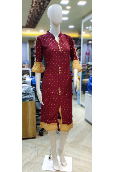 Contrast Color Bell Sleeves And Border Worked Cotton Kurti (KR1999)