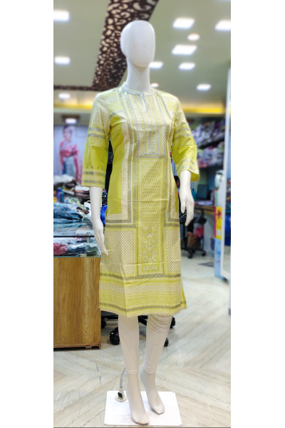 High Neck Collar Pattern Straight Cut Kurti With All Over Fabric Work (KR2001)