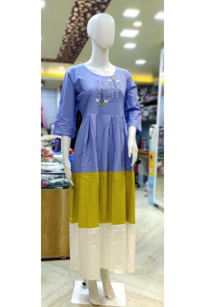 Embroidery Worked Tri Colored Long Cotton Gown (KR2018)