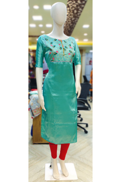 Boat Neck Embroidery Worked Satin Kurti (KR2085)