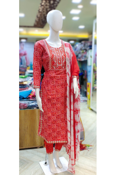 All Over Printed With Embroidery Worked Cotton Kurti Set (KR2086)