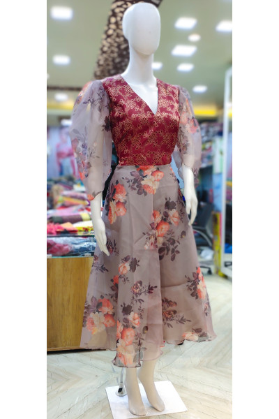 V Necked Floral Printed One Piece Dress With Contrast Color Brocade Work (KR2092)